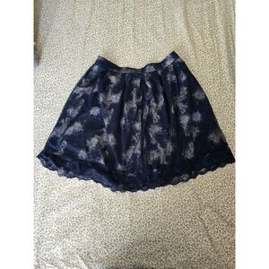Navy Floral Lace-Trim Pleated Skirt